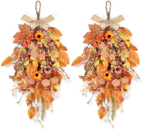 2 Pcs 24 Inch Artificial Autumn Teardrop Wreath
