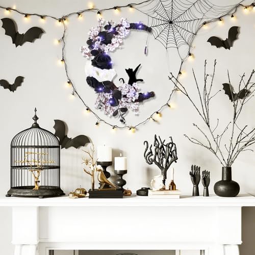 MyCoats 2025 Halloween Door Wreath with Black Cat Moon Light