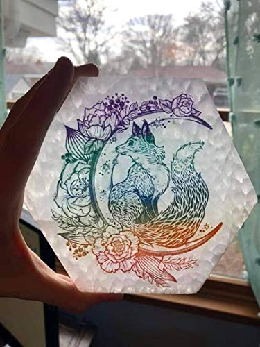 6 Inch Etched Selenite Charging Plate with Rainbow Fox and Moon Design