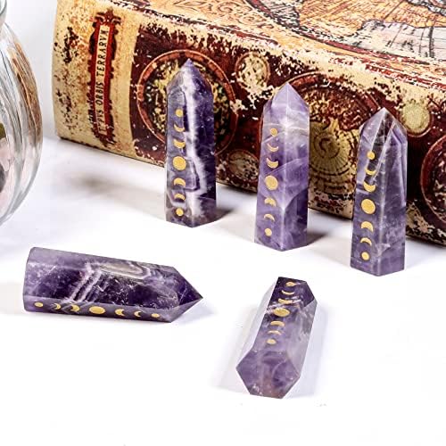 Set of 7 Engraved Moon Phase Crystal Wand Stones for Meditation and Home Decor
