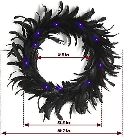 Ogrmar 157 Inch Black Feather Wreath with 30 LED Purple Lights for Halloween Decorations and Party Favors