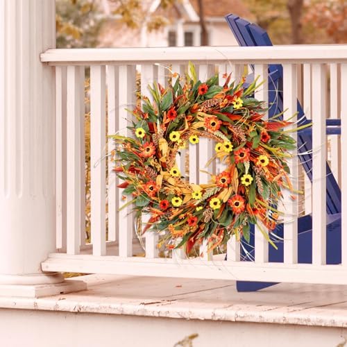 24 Inch Fall Wreath for Front Door Decor with Eucalyptus and Daisies