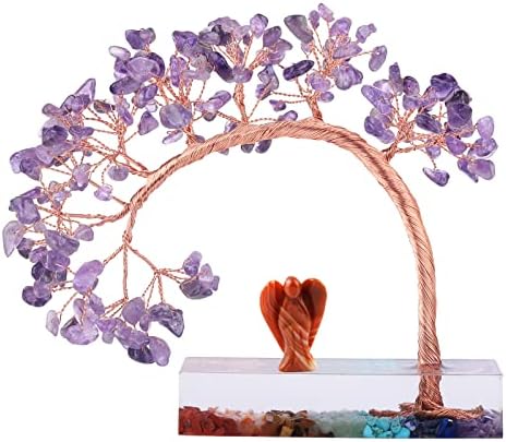 Mookaitedecor Bundle - 2 Items Carnelian Angel Figurines Amethyst Crystal Money Tree with Chakra Stones Resin Base