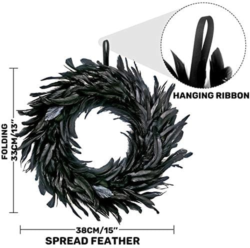 MOVINPE Black Feather Wreath - 15 Inch Halloween Decor Prop