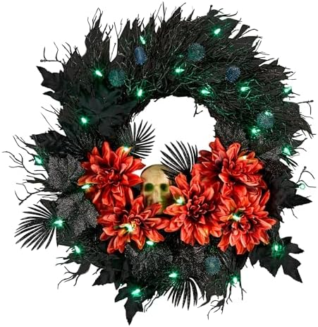 National Tree Company 24 Inch Artificial Halloween Wreath with Orange Florals and White Skull