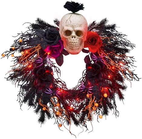 20 Inch Halloween Wreath with Spider Skull Rose Lights