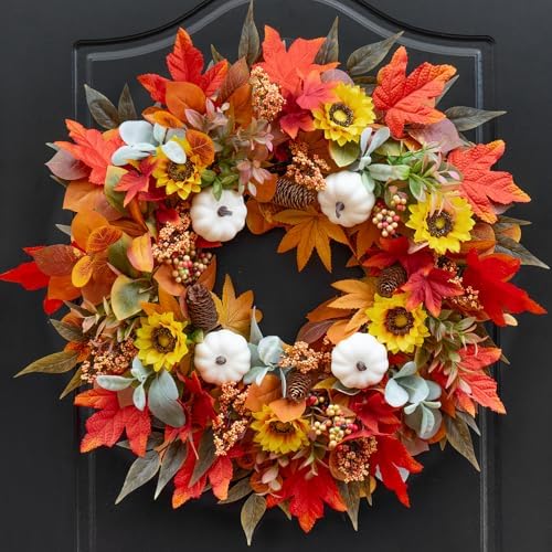 Fall Wreaths for Front Door 24 Inch Autumn Decor with Pumpkins Maple Leaves Wildflowers Berries