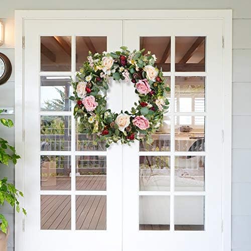 WANNA-CUL 24 Inch Spring Rose Wreath for Front Door Decor