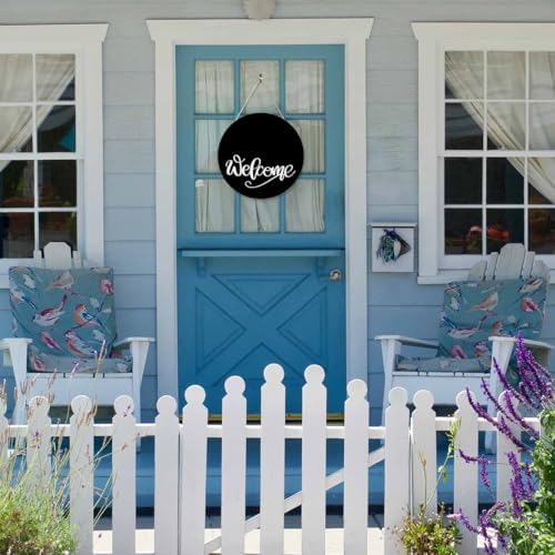 Welcome Sign Front Door Porch Black 12in Round Wreath Wall Decor Farmhouse