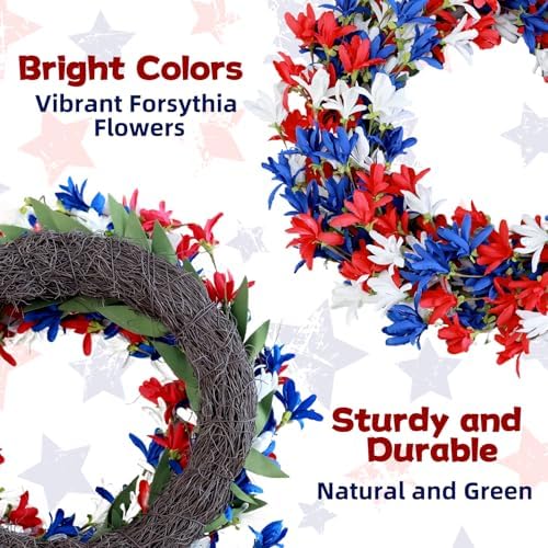 4th of July Wreath with Red White Blue Flowers for Front Door