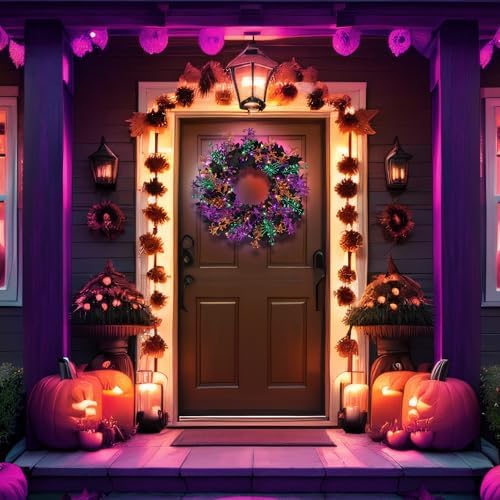 Enhon 40 LED Halloween Wreath 16 Inch Glitter Maple Leaf Style