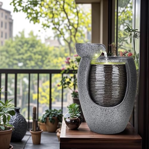 10 Inch Ceramic LED Tabletop Water Fountain with Plant Holder