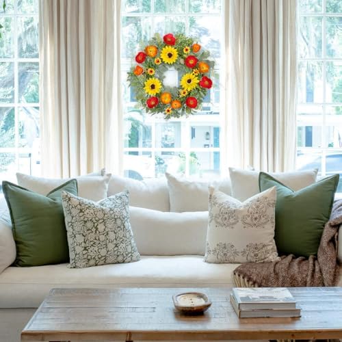 Hollyone 20 Inch Artificial Spring Wreath with Sunflowers and Eucalyptus Leaves