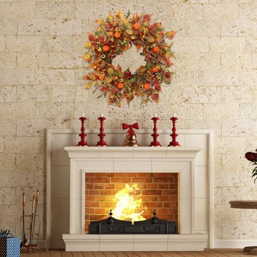 22 Inch Artificial Fall Wreath with Pumpkin and Maple Leaves