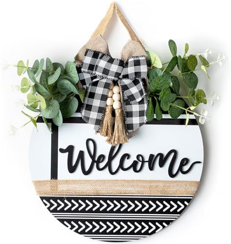 Welcome Sign for Front Door Decor - Walasis 12inch Wooden Farmhouse Wreath with Bow Beads