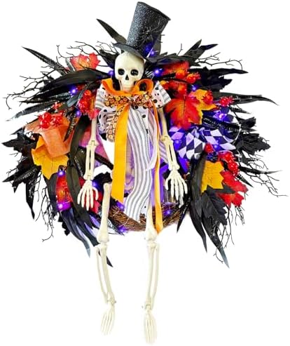 28 Inch Halloween Skeleton Wreath with Lights