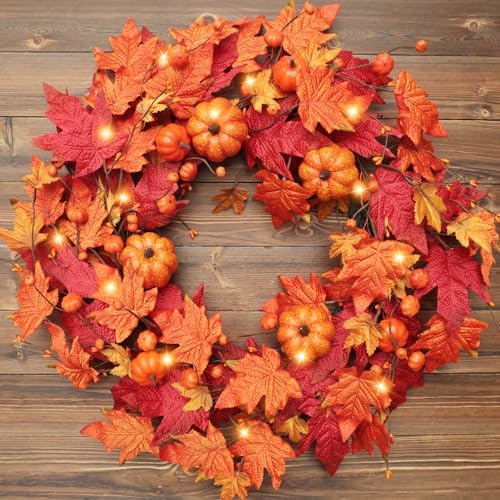 26 Inch Foldable Fall Wreath with Timer Lights