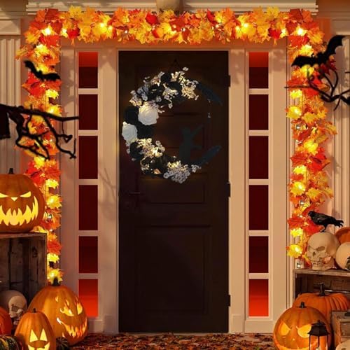 Moon Black Cat Halloween Wreath with Lights