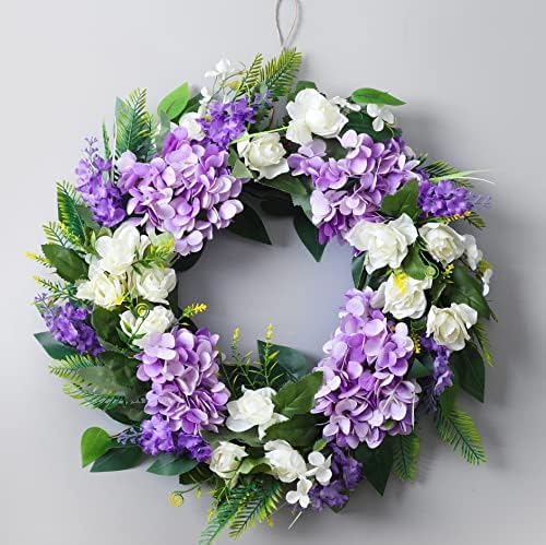 Purple Hydrangea Summer Wreath 18 Inch Grapevine Base for Front Door