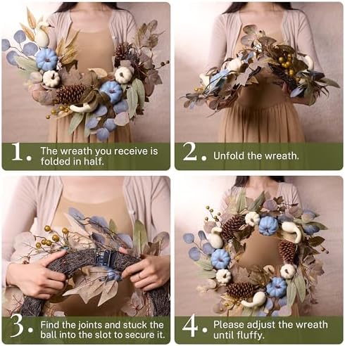 DECOR BY HANNAH 22 Inch Fall Wreath with Blue Pumpkin and Pinecone