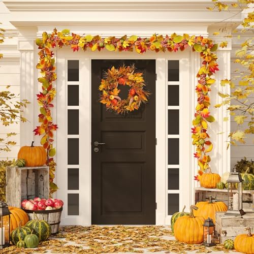 19 Inch Fall Wreath with Pumpkins and Maple Leaves