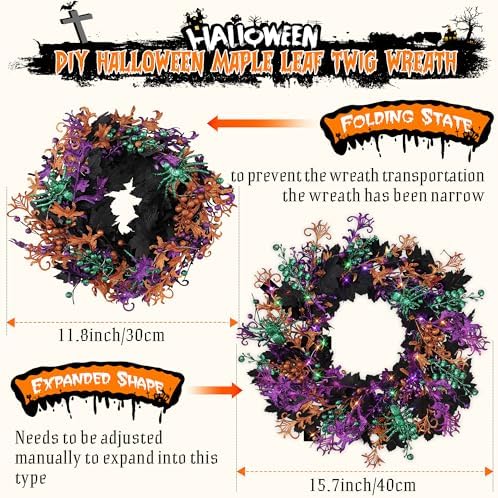 Enhon 40 LED Halloween Wreath 16 Inch Glitter Maple Leaf Style