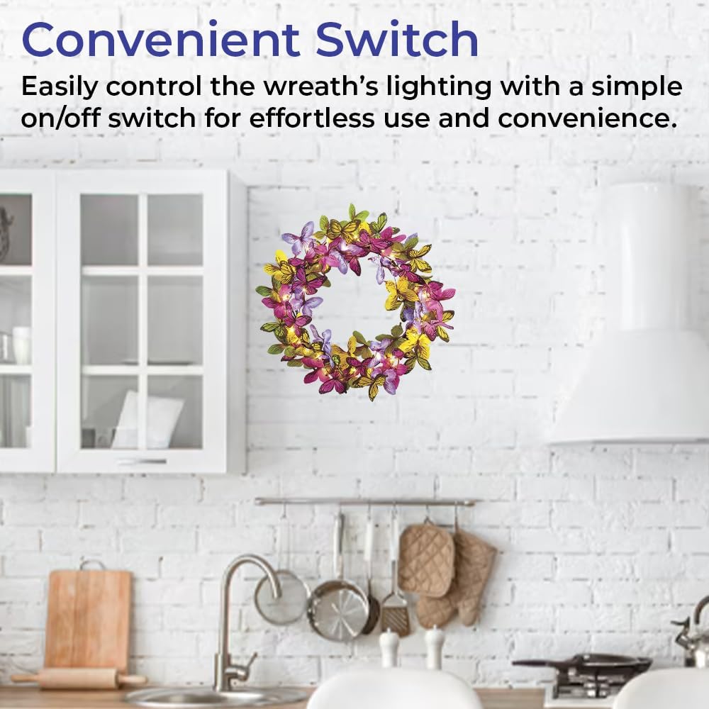 Pre-Lit Butterfly Wreath for Front Door 18 Inch