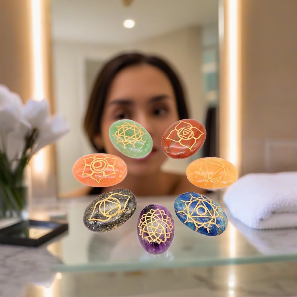 7 Chakra Healing Crystals Oval Stones Set - Reiki Crystal Engraved Symbols