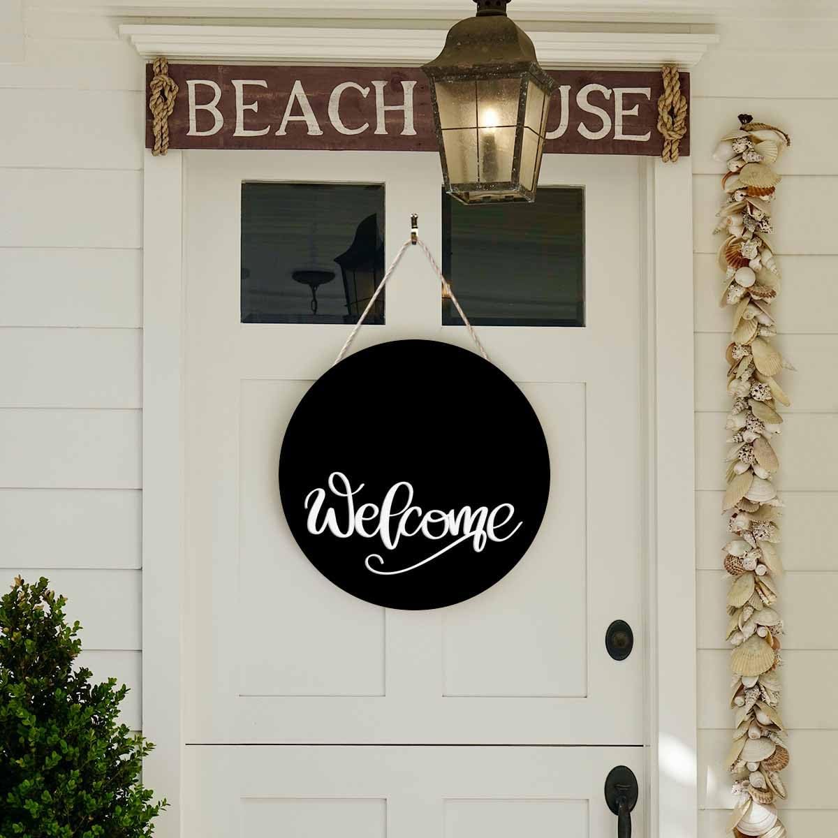 Welcome Sign Front Door Porch Black 12in Round Wreath Wall Decor Farmhouse