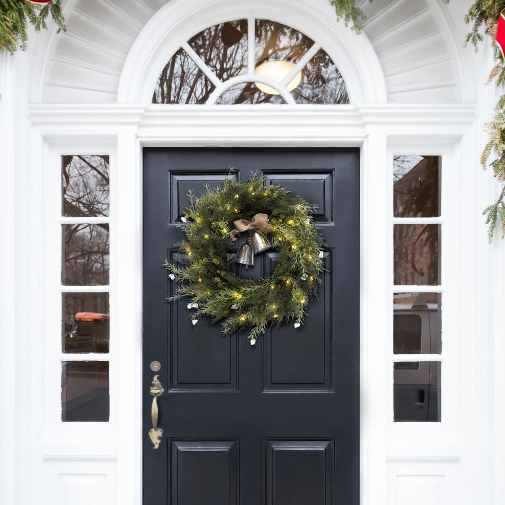 22 Inch Decorative Artificial Pine Wreath with Gold Bells and LED Lights