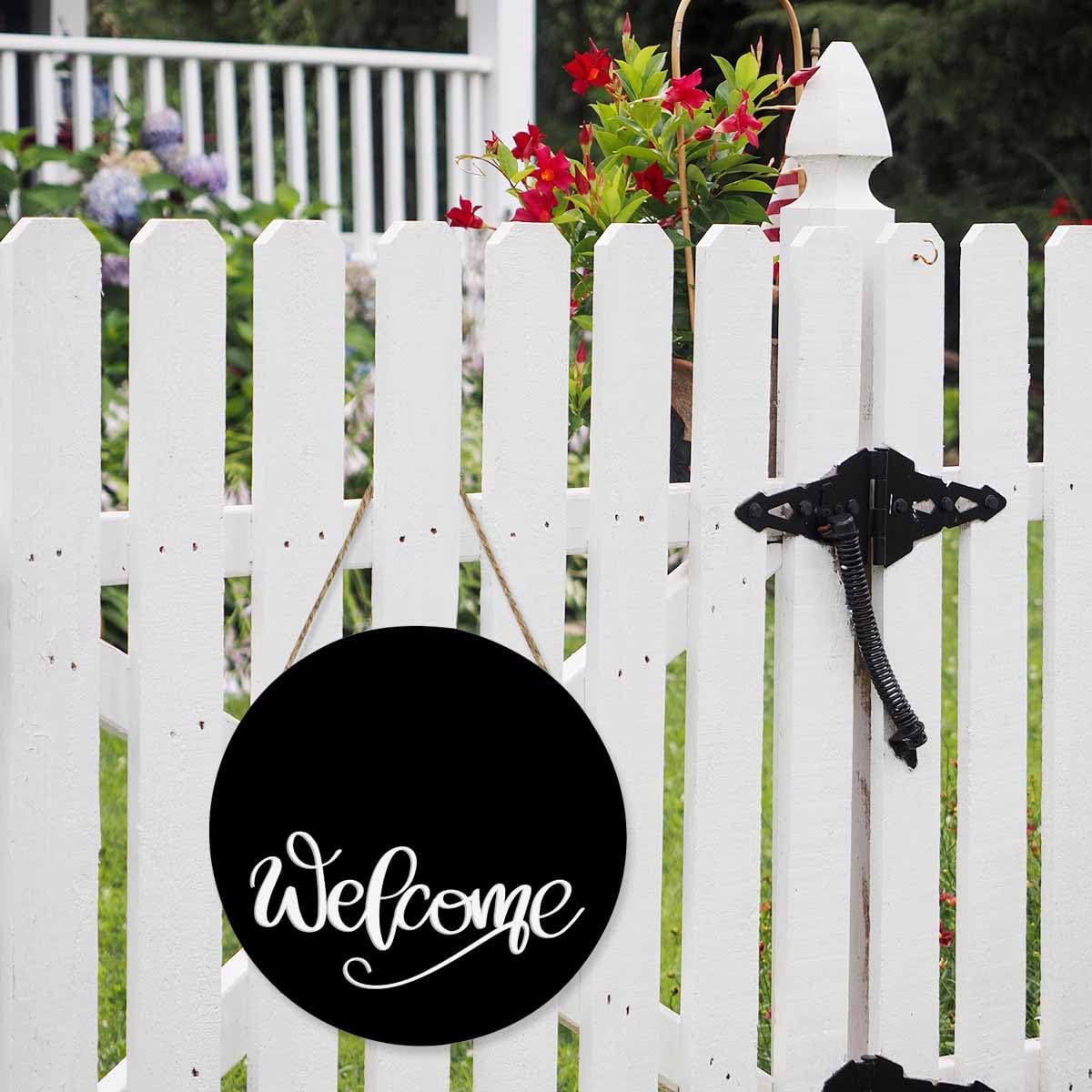 Welcome Sign Front Door Porch Black 12in Round Wreath Wall Decor Farmhouse