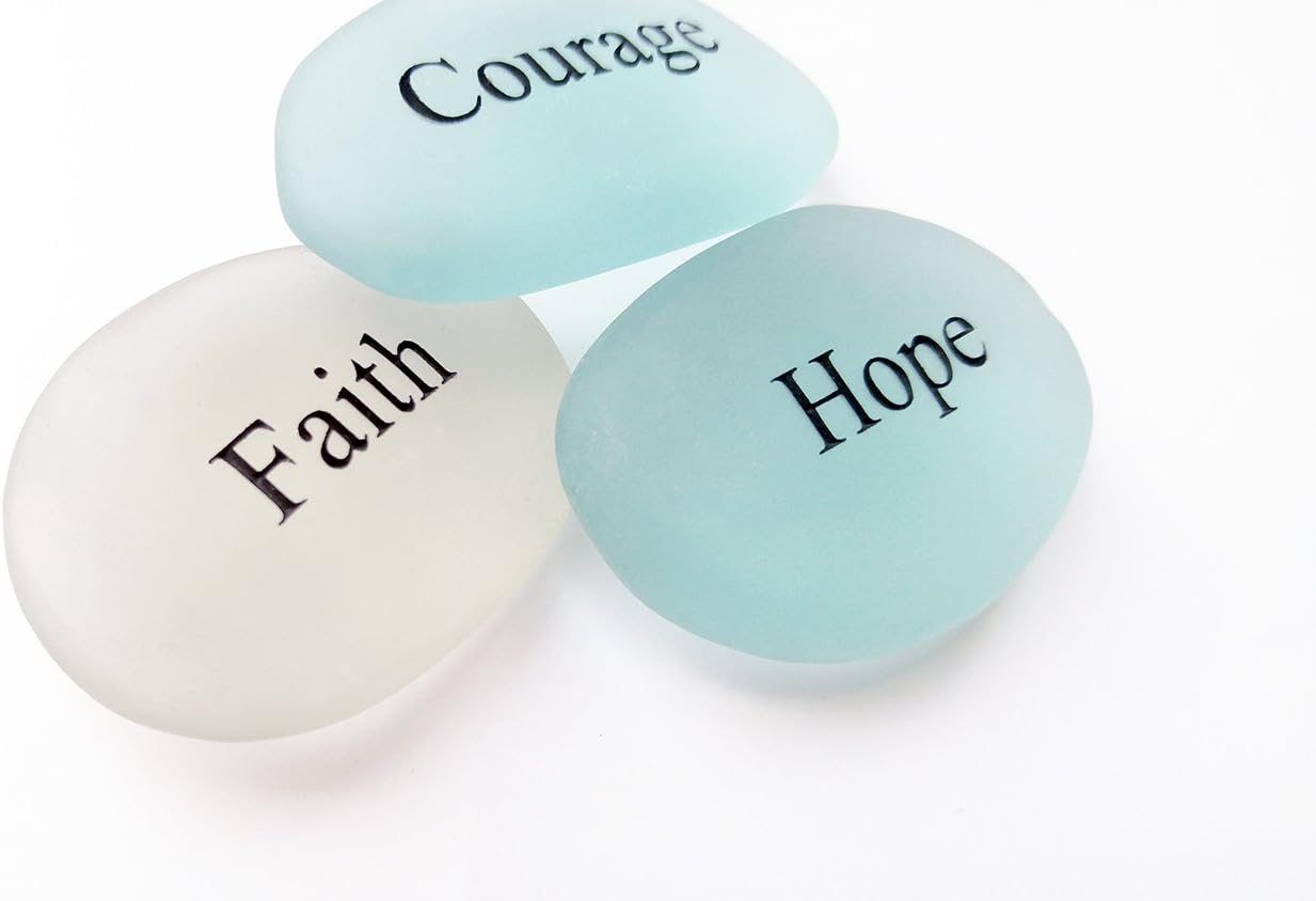 Courage Faith Hope Engraved Sea Glass Stones Set of 3