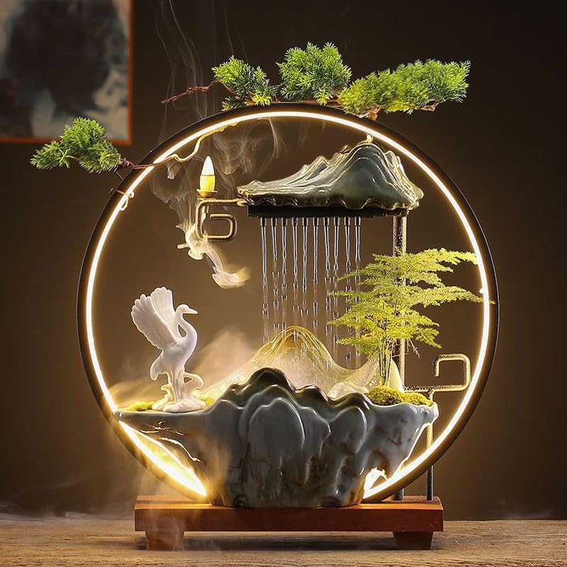 CIFUPUQU Crane Tabletop Water Fountain with Mist and LED Light