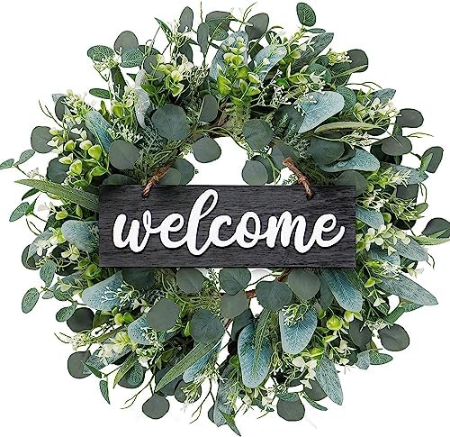 Dremisland Green Eucalyptus Wreath with Welcome Sign 22in Decor