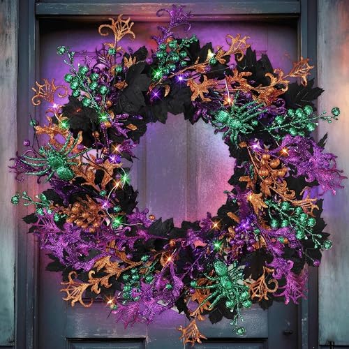 Enhon 40 LED Halloween Wreath 16 Inch Glitter Maple Leaf Style