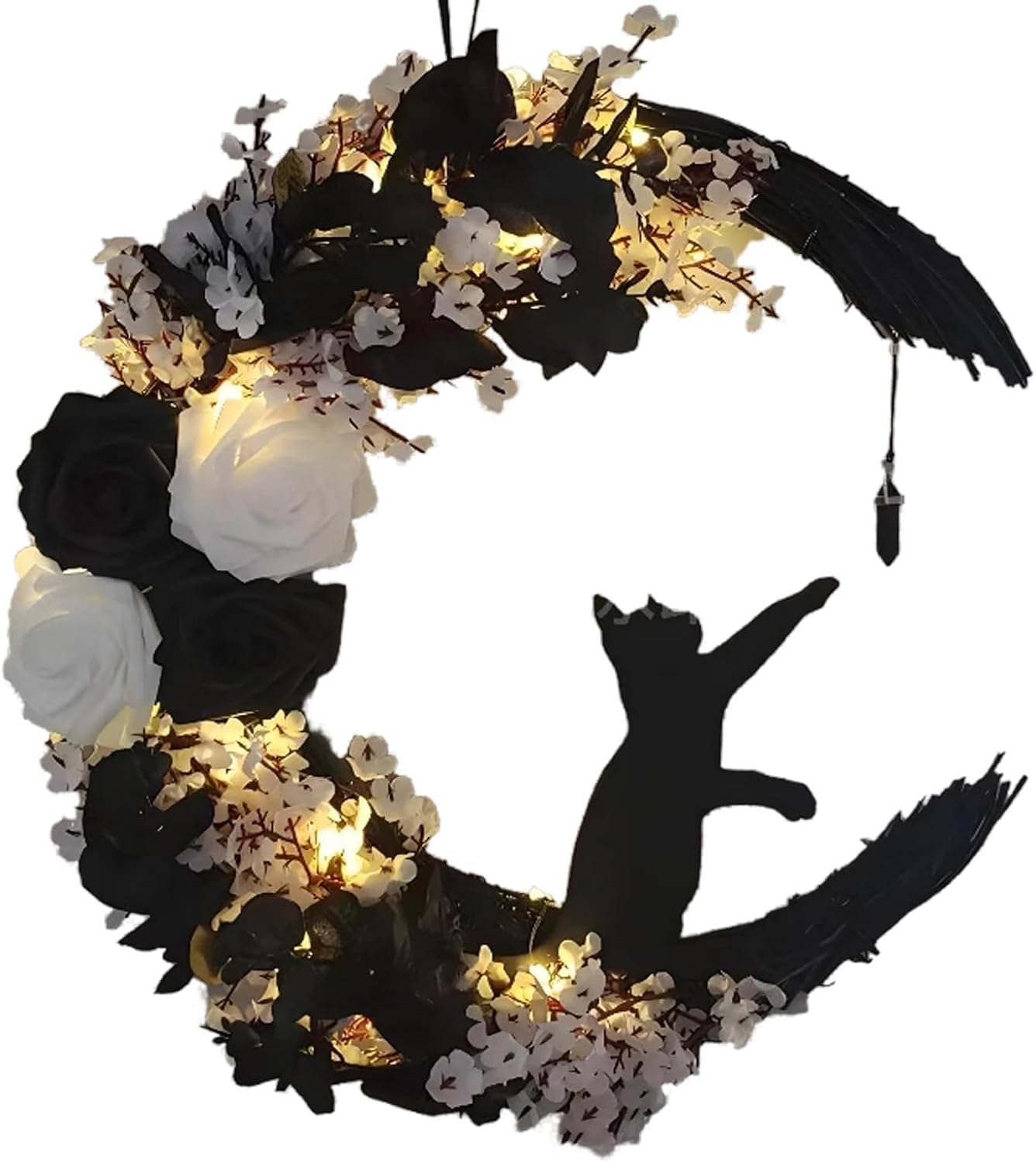 Moon Black Cat Halloween Wreath with Lights
