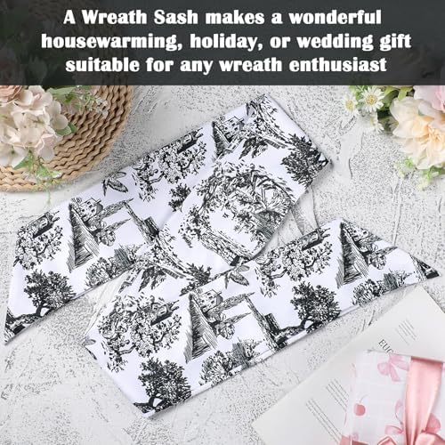 Black Wreath Sash for Front Door - 2 Pcs French Toile Accents for Home Decor