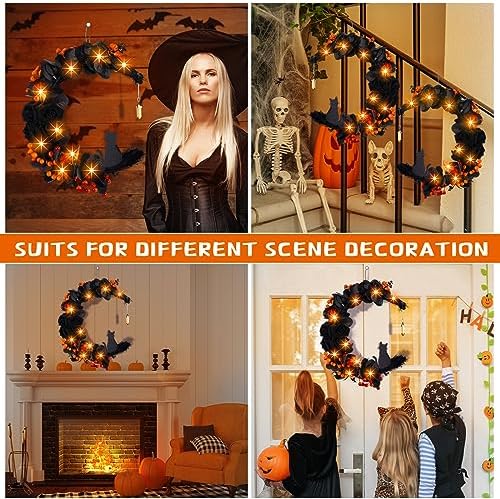 Ceenna Halloween Moon Cat Wreath with Black Roses
