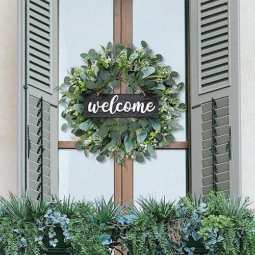 Dremisland Green Eucalyptus Wreath with Welcome Sign 22in Decor