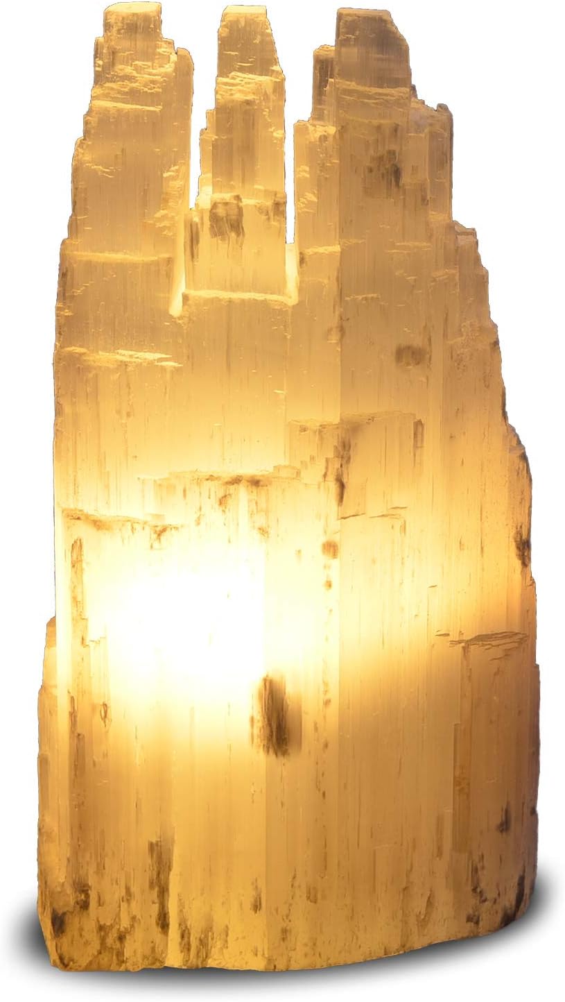 Natural White Selenite Triple Skyscraper Lamp with Dimmer Switch