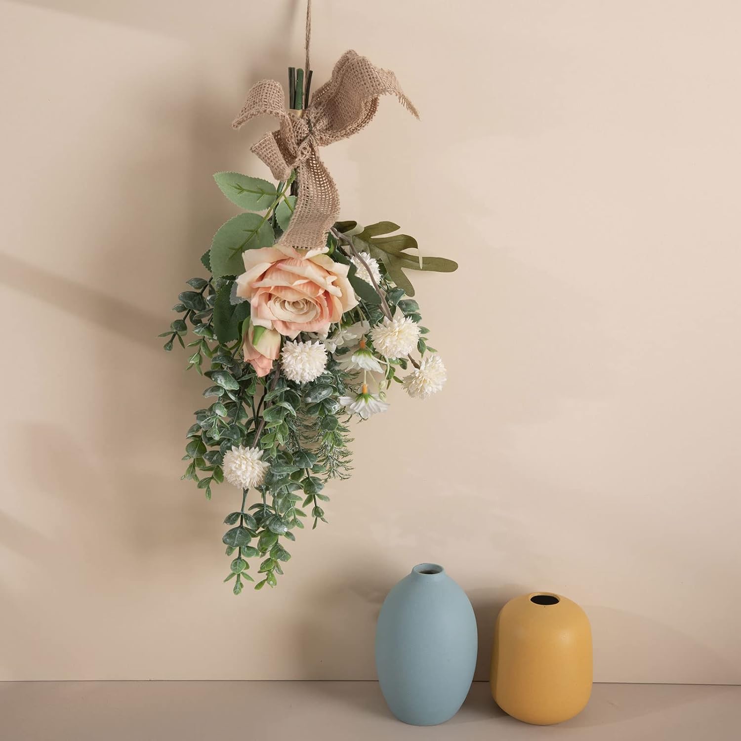 15in Artificial Floral Swag Wreath with Eucalyptus and Burlap Bow