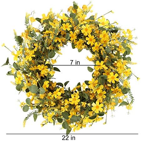JFLORU 22 Inch Yellow Daisy Spring Wreath for Front Door and Home Decor