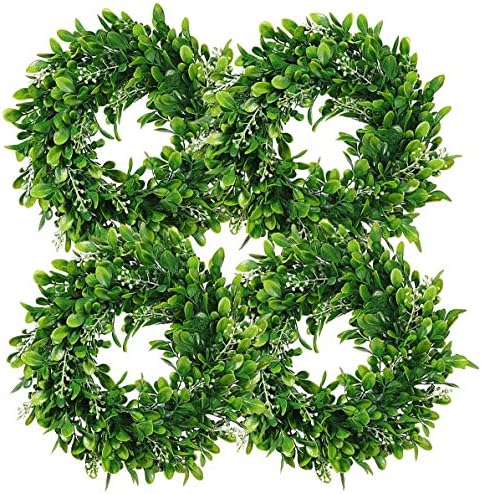 4 Pack Artificial Green Leaves Wreath - 11 Inch Boxwood Wreaths with White Flowers for Window Wall Wedding Decor