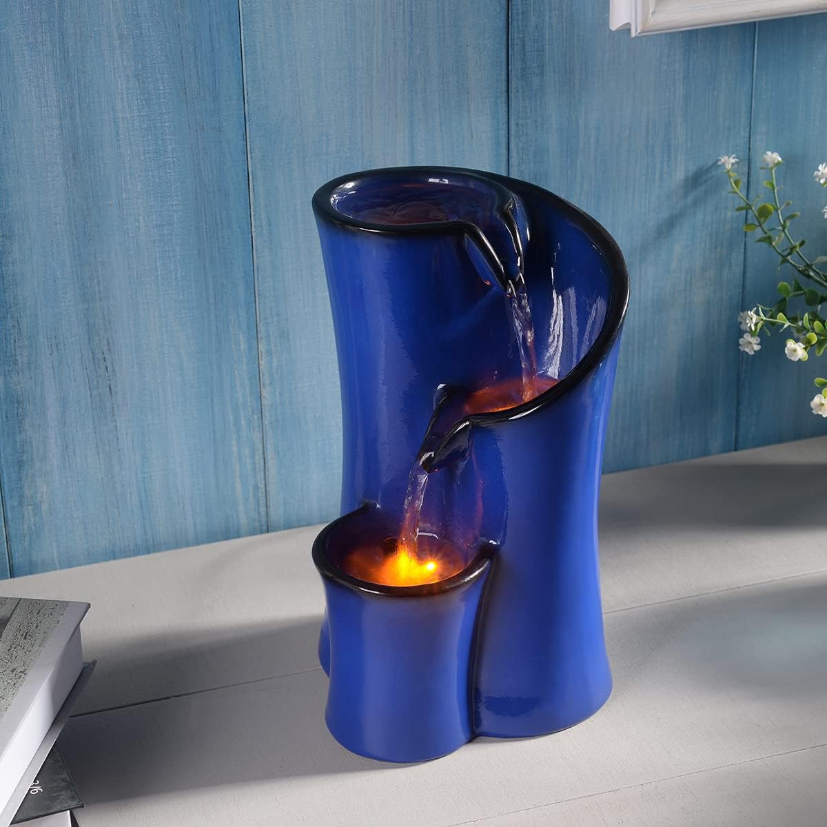 Blue Imitation Ceramic Tabletop Fountain with 3 Reflective LED