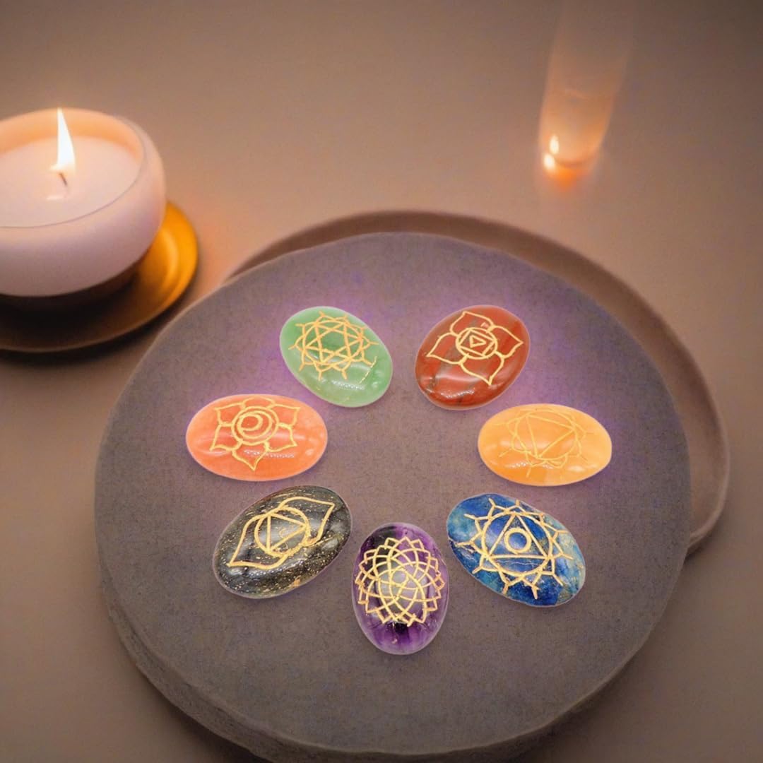 7 Chakra Healing Crystals Oval Stones Set - Reiki Crystal Engraved Symbols