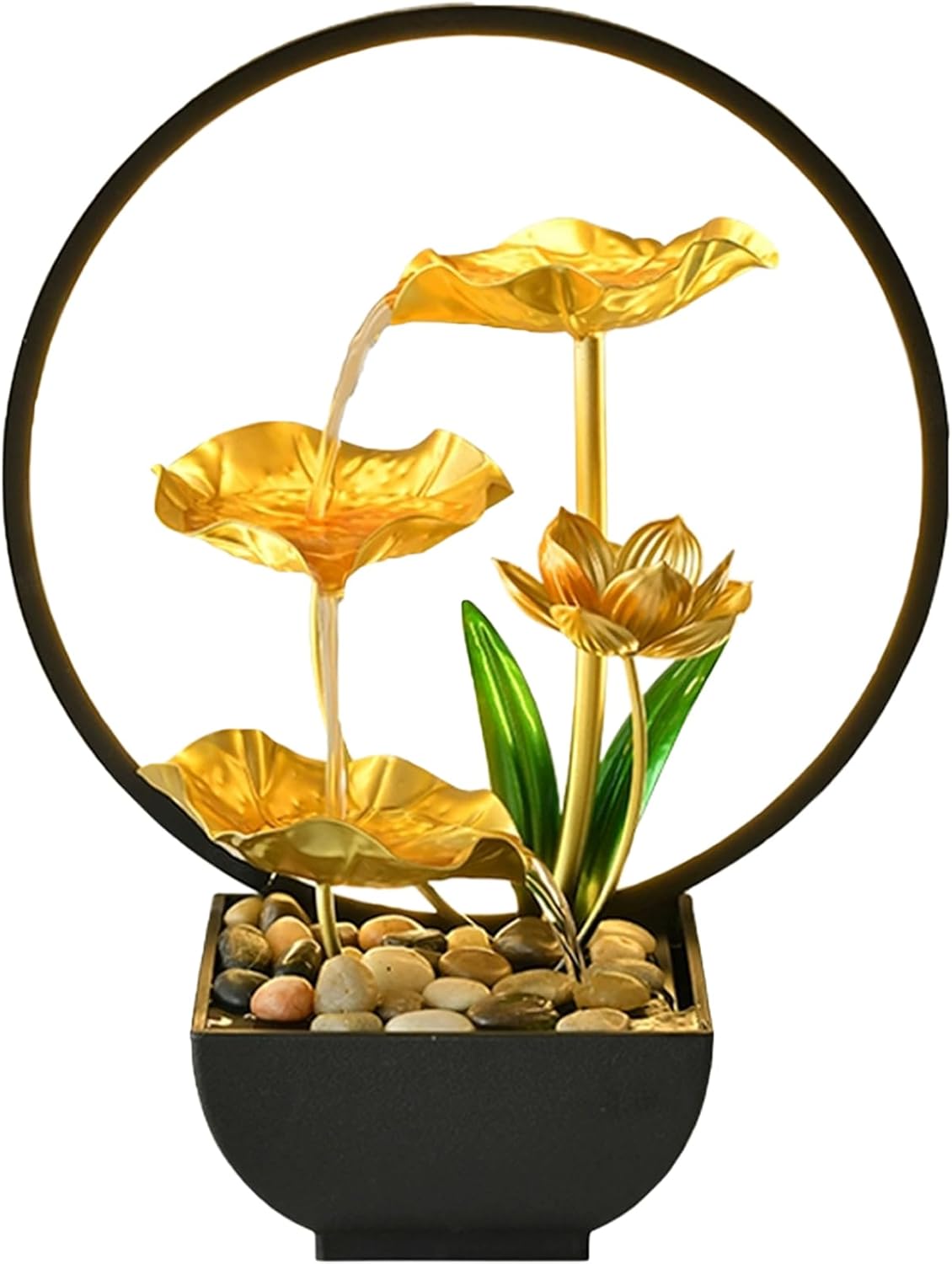 Gold Lotus Waterfall Fountain with LED Light USB Powered Tabletop Zen Fountain