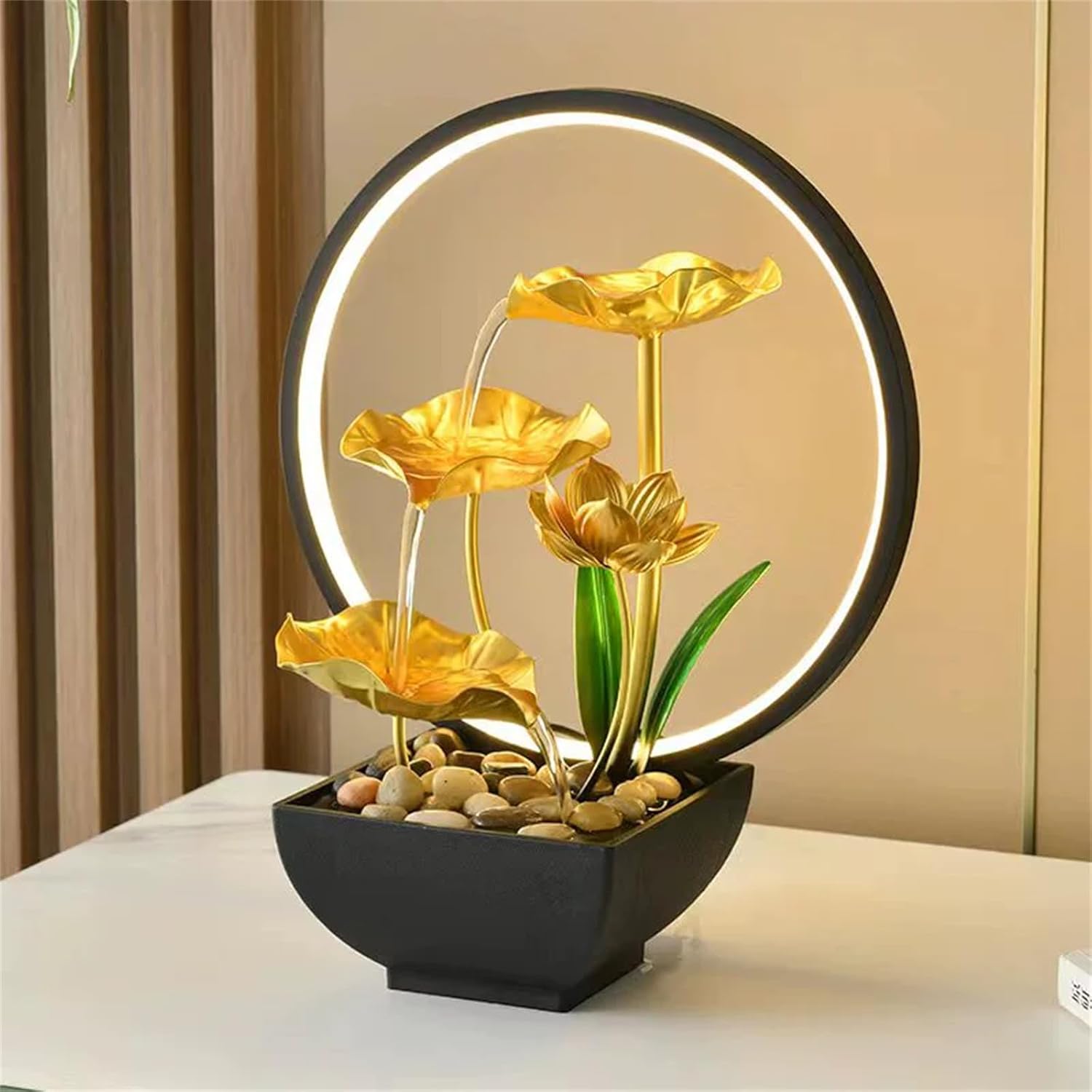 Gold Lotus Waterfall Fountain with LED Light USB Powered Tabletop Zen Fountain