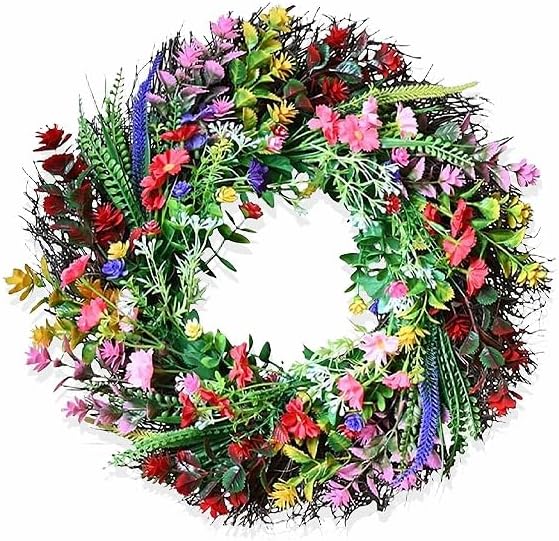 Daisy and Lavender Wildflower Artificial Spring Wreath for Front Door Home Decor 18 Inches