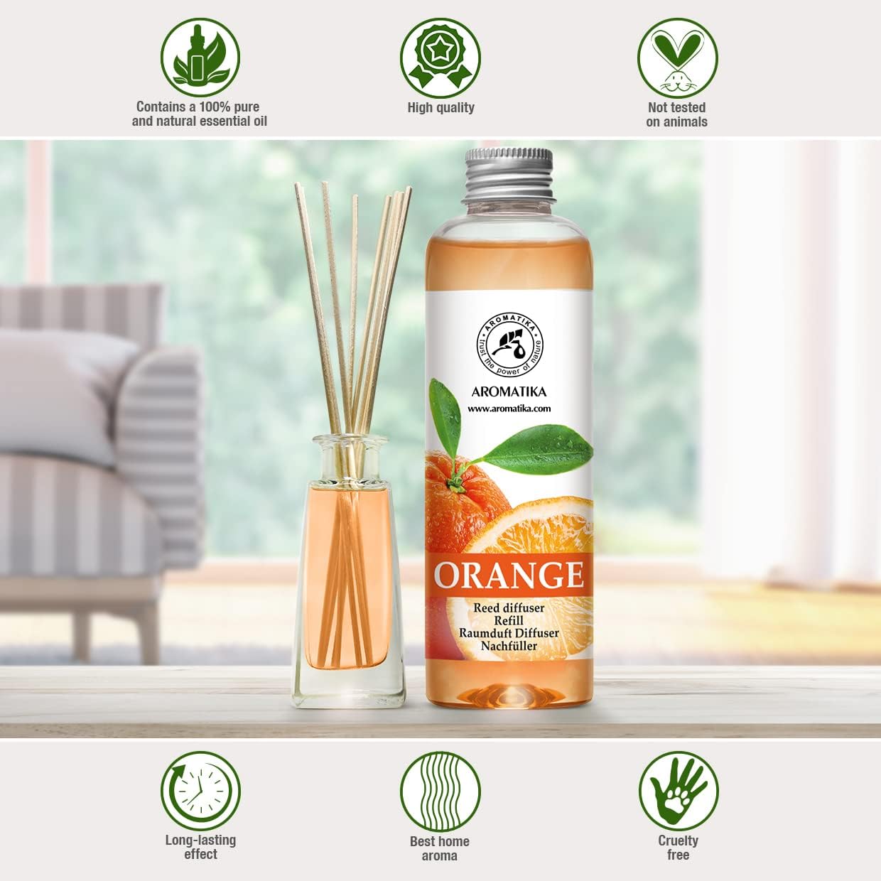 Aroma Organic Reed Diffuser Refill with Natural Orange Essential Oil 200ml