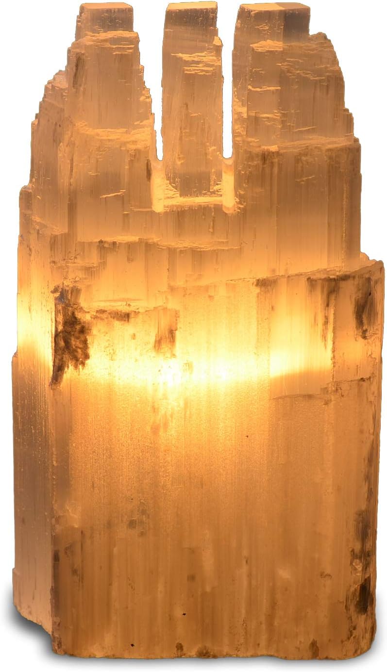 1 Piece Natural White Selenite Triple Skyscraper Lamp - 8 Inch with Dimmer Switch and 15W Bulb